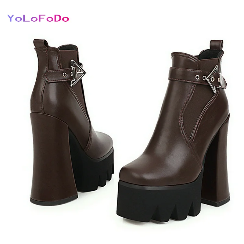 

Plus Size 34-43 Ankle Boots Faux Leather Platform Super Square High Heel Motorcycle Boots Fashion Round Toe Buckle Short Boots