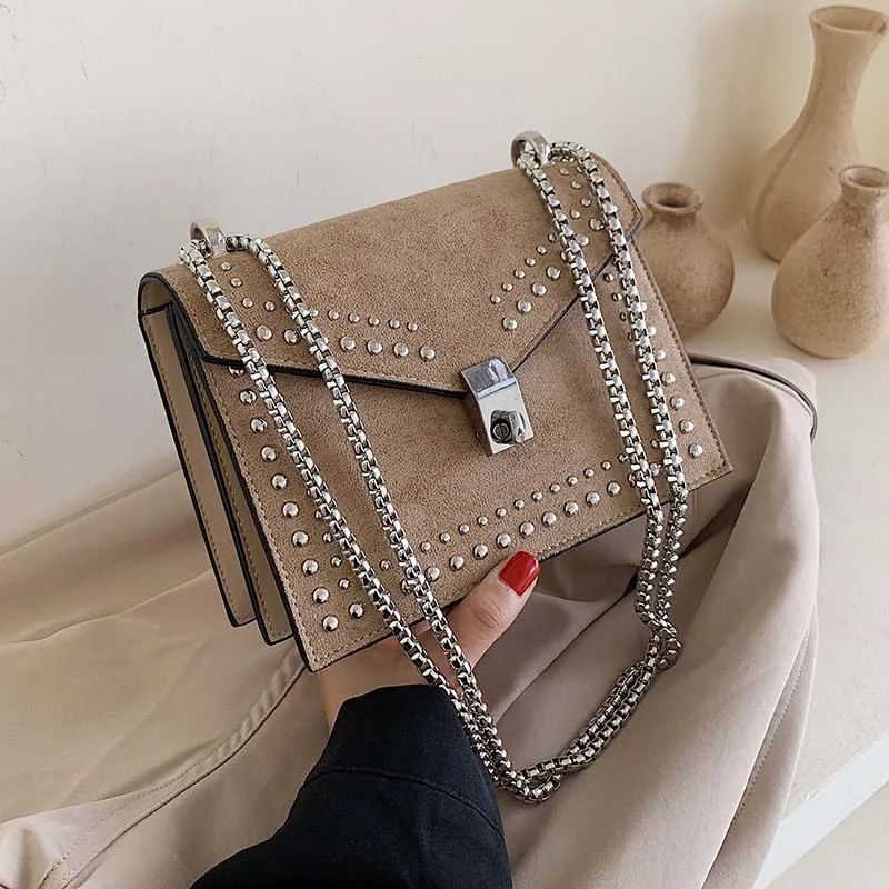 

Scrub Leather Simple Shoulder Bags For Women Brand Designer 2021 Chain Rivet Luxury Crossbody Bag Female Fashion Small Handbags