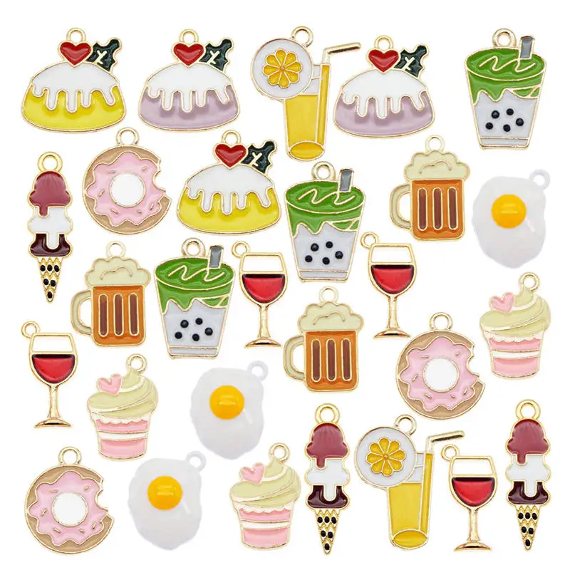 Julie Wang 10PCS Enamel Food Charms Mixed Ice Cream Fruit Juice Cake Fried Egg Wine Beer Alloy  Jewelry Making Accessory