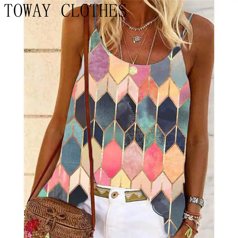 

Summer Women Round Neck Multicolor Diamond Lattice Print Sleeveless Tank Top