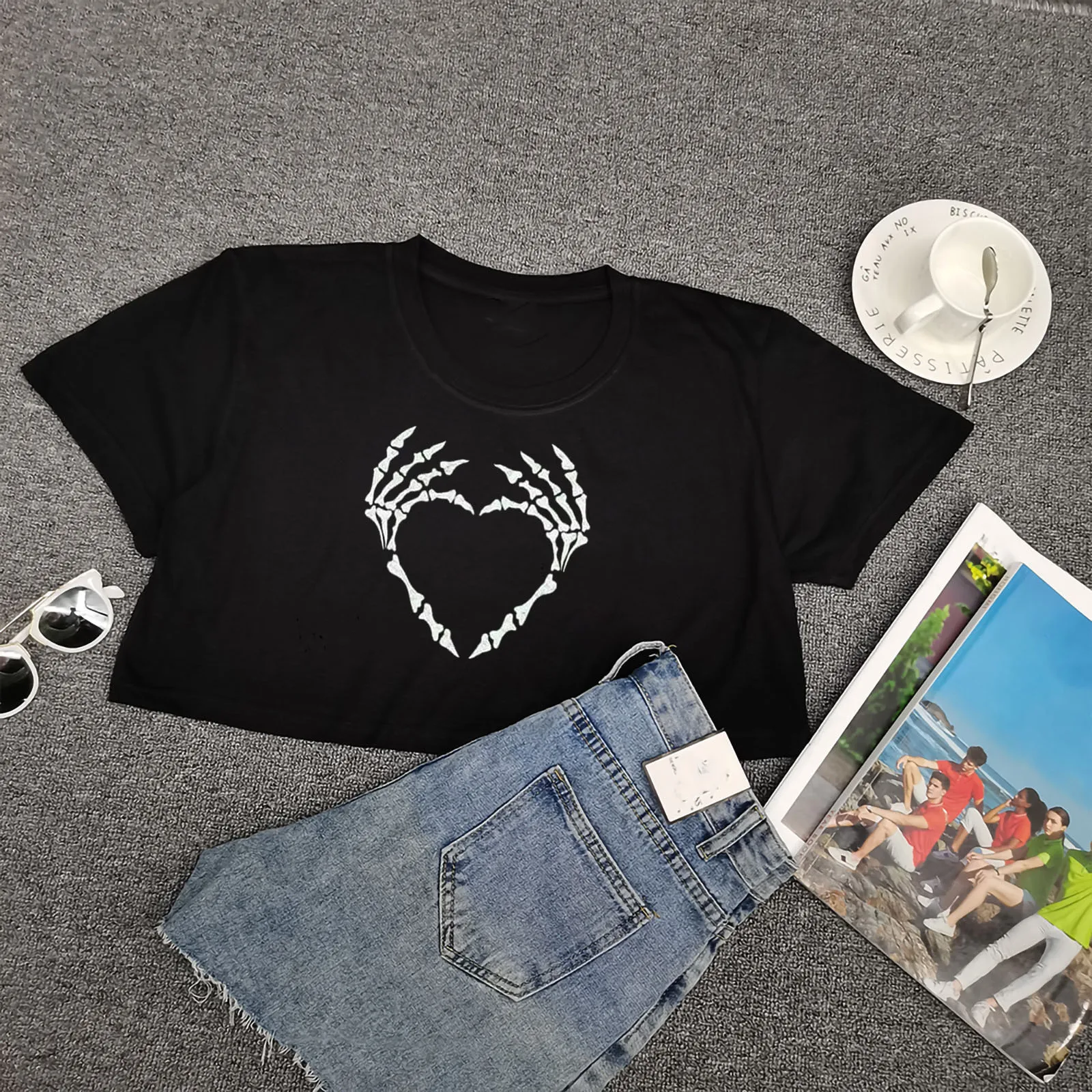 

ropa mujer Women T-shirts Funny Skull Printed High Waist Crop Short Sleeve Gothic Tops Summer Casual Soft T-shirt