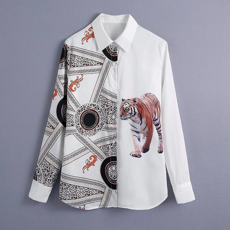 

Unizera 2021 Za Женская Осенняя Новая модная универсальная женская рубашка с отложным воротником и изображением животных с длинным рукавом