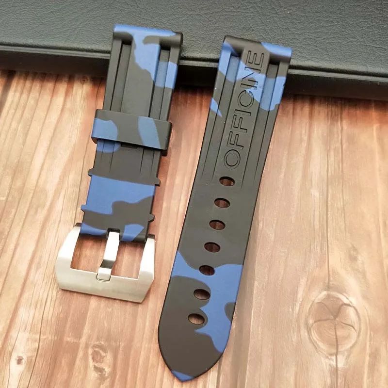 24camo BLUE SLV 24 мм 26 мм черный белый оранжевый Камуфляж красный синий зеленый серый мягкий водостойкий резиновый ремешок для часов для panerai ремень, булавка, пряжка бесплатный инструмент - Цвет ремешка: 24camo BLUE SLV