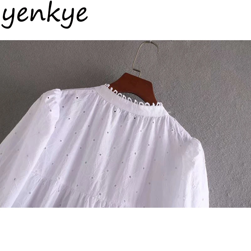 

Fashion Women Sexy Hollow Out Embroidery Dress Female Long Sleeve Stand Collar White Plus Size Dress Short vestido CCWM9600