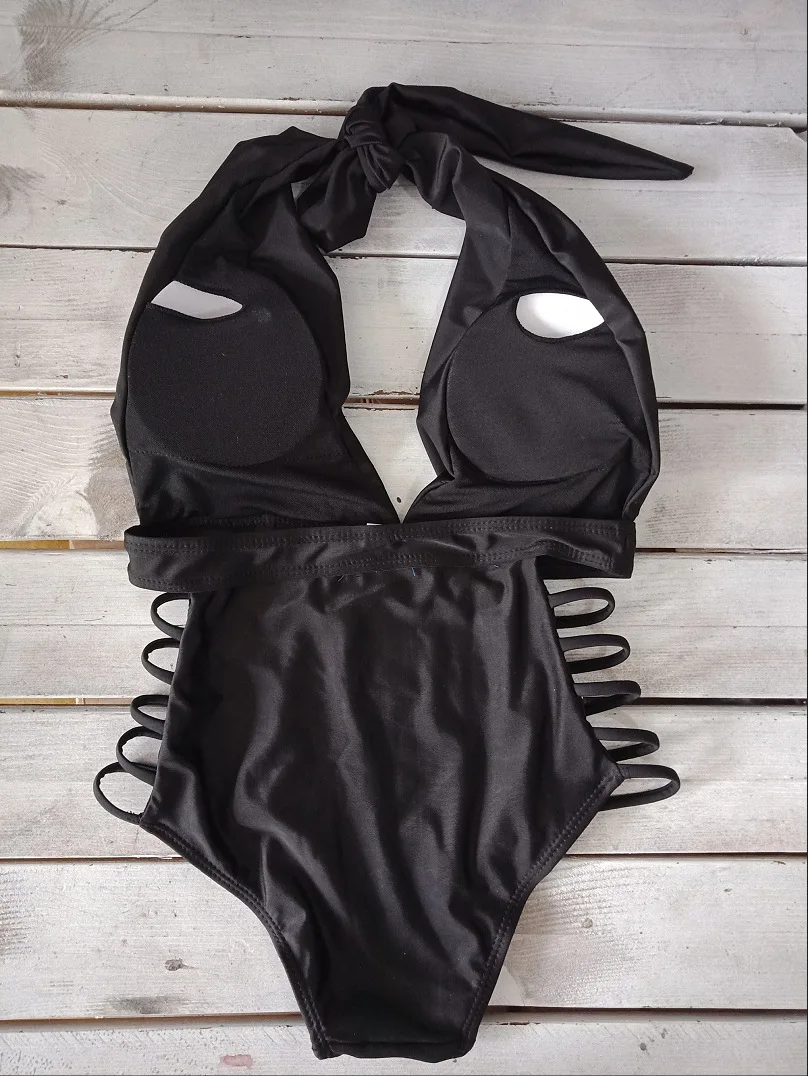 

XMTOPYE Sexy One Piece Monokini Swimsuit Plus Size Halter Lace Up Black Swimwear Bathing Suit Brazilian Swimming Suit for Women