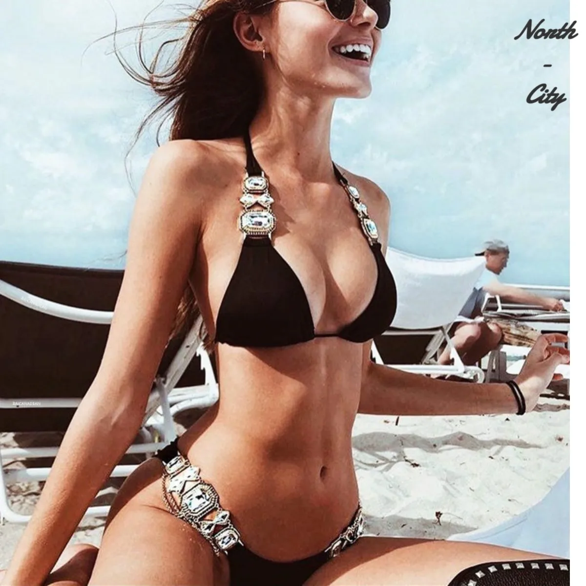 

Beaded Decorated Triangles Brazilian Stylish Halterneck Bikini Swimwear