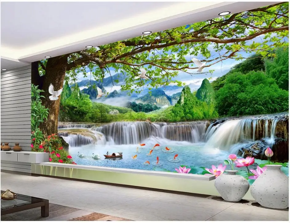 3d обои WDBH фото на заказ зеленый большой лес водопад фон для телевизора домашний