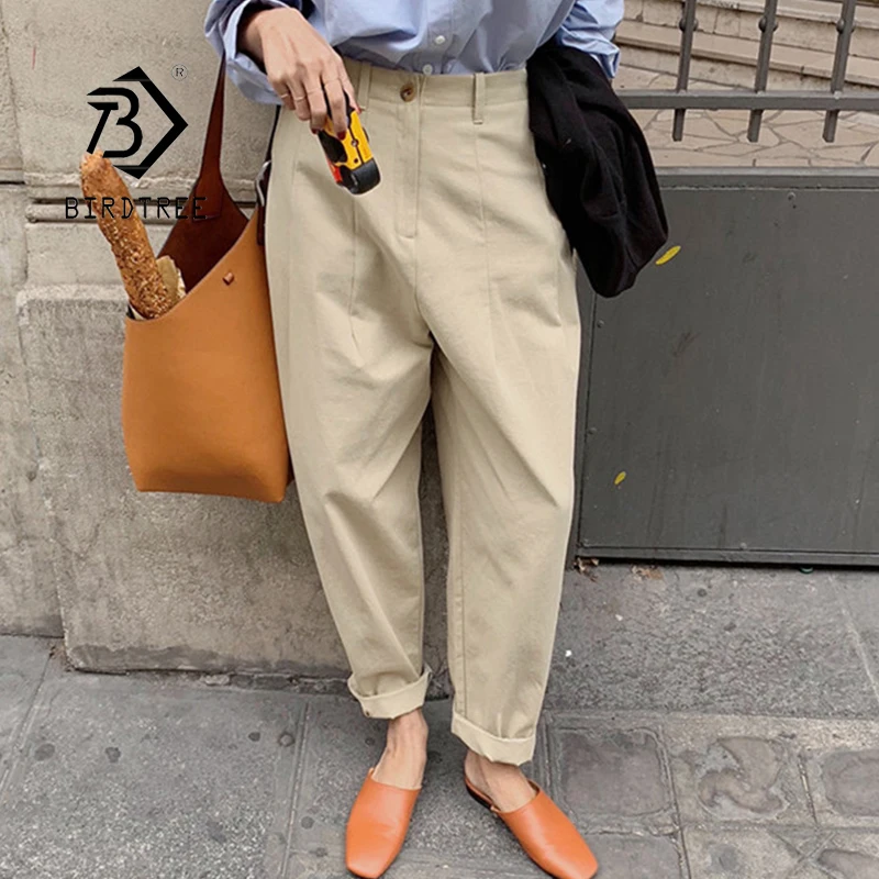 

2021 Spring New Women Vintage Cotton High Waist Harem Pants Loose BF Long Baggy Trouser Autumn Korean Style Casual Wear B0D802F