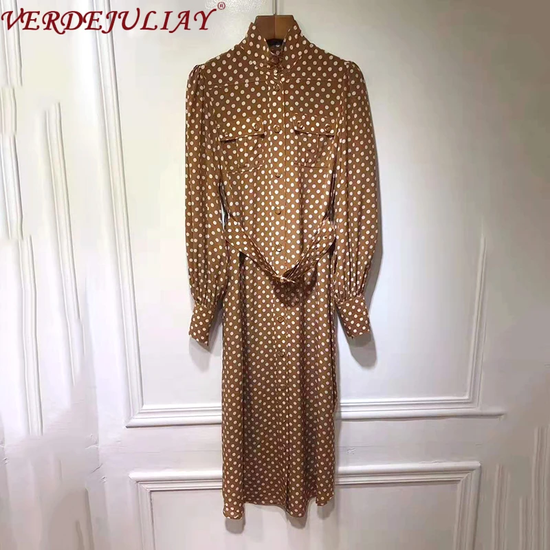 Женское прямое платье в горошек VERDEJULIAY офисное из 100% шелка на молнии с рукавами