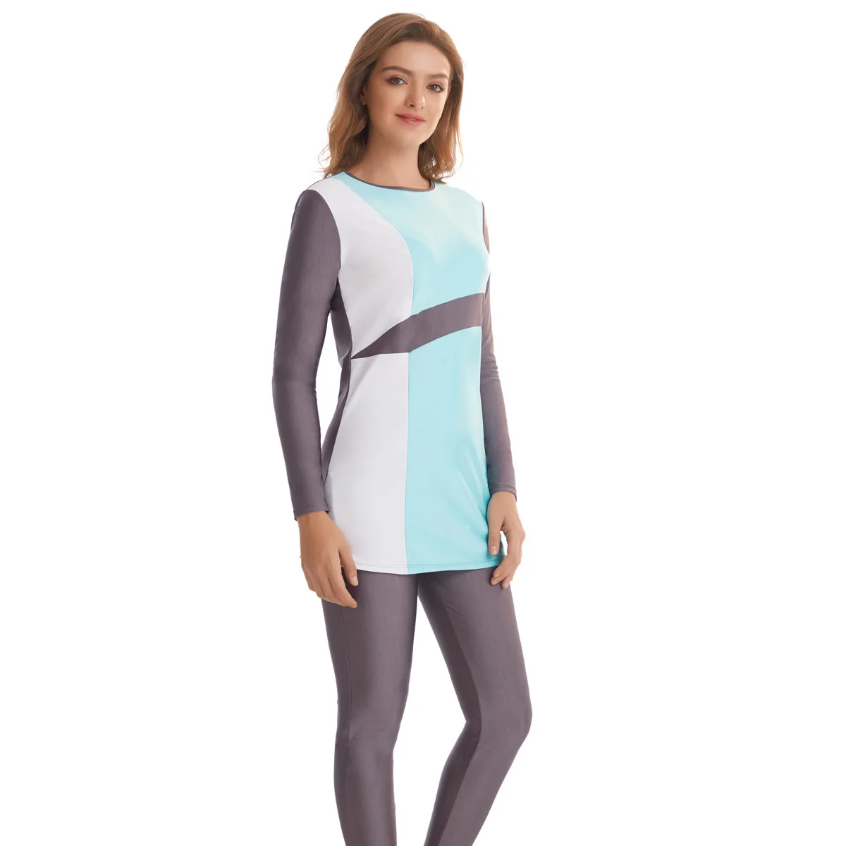 WEPBEL Clothing Set Women Swimsuits Patchwork Muslim Swimsuit Swimming Long-Sleeved Color Matching Swim Clothes Set 2pcs