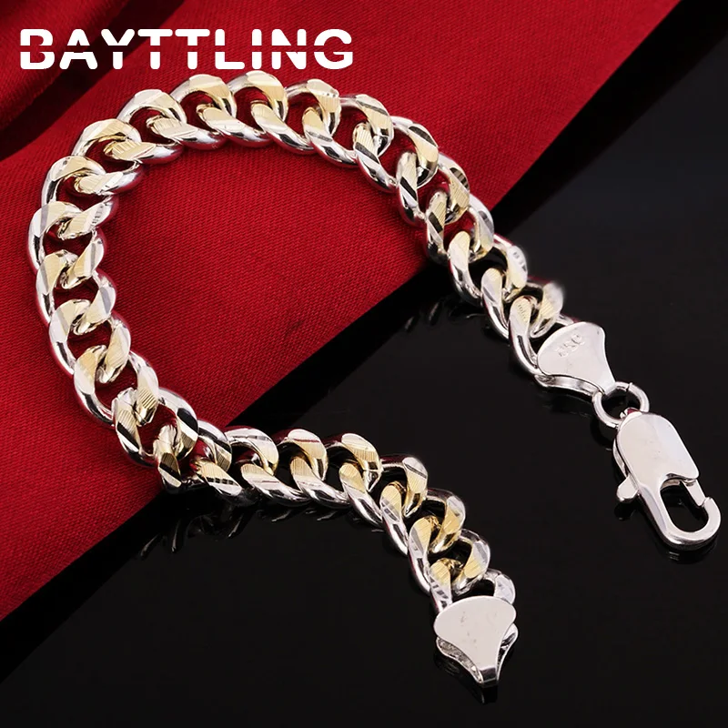 

BAYTTLING Silver Color 8 Inch Gold Full Side Cuban Chain Bracelet Bangle For Woman Man Fashion Party Wedding Jewelry Gift