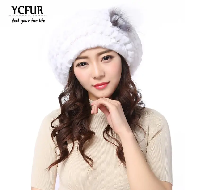white Yc меховые зимние береты для женщин, вязанные настоящий мех кролика, шапки, шапки с мехом серебристой лисы, теплые мягкие меховые шапки с цветком, женские береты - Цвет: white