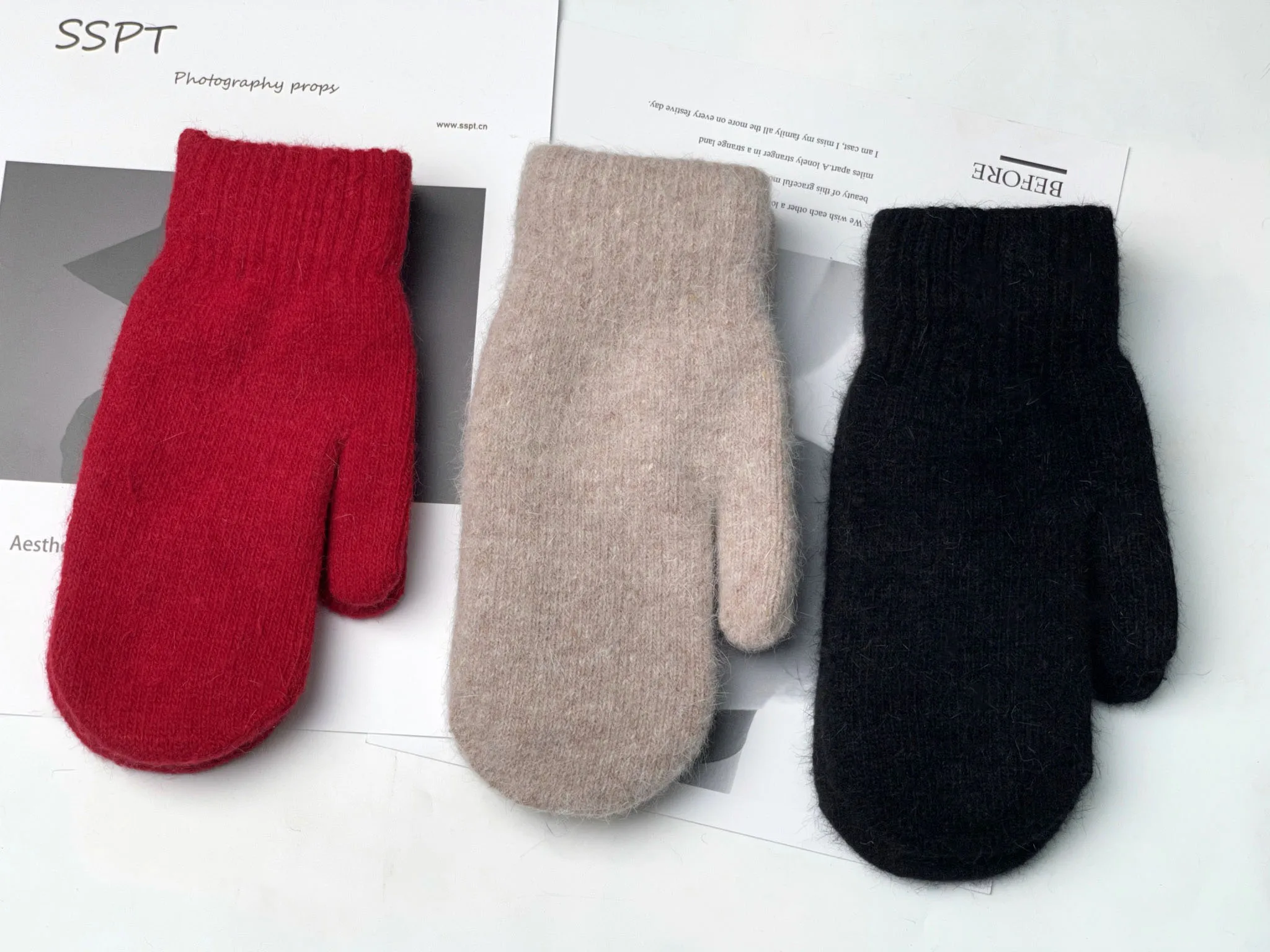 

2021 Double-layer rabbit hair gloves female winter Korean version of solid color all fingers winter women gloves girls mittens