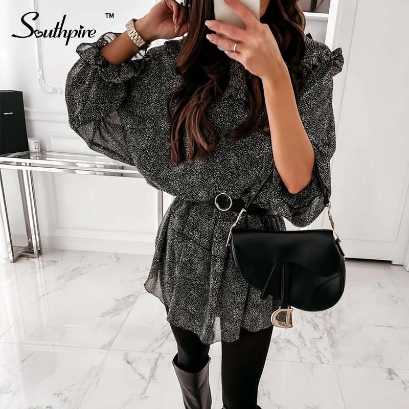 

Southpire Loose Style Black Polka Dot Chiffon Mini Casual Dresses Women Long Sleeve Ruffle Elegant Party Dress Female Clothing