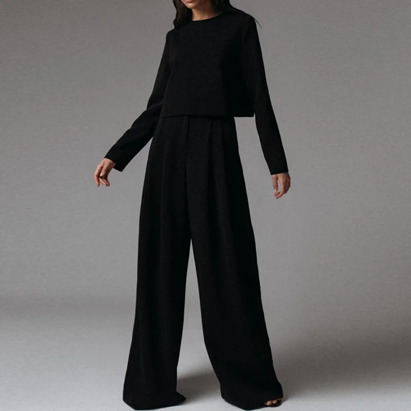 

2021 Spring Women Two PIece Set Elegant Solid Color Outfit Female O Neck Tops And Wide Leg Pants Suits Fashion Casual Streetwear