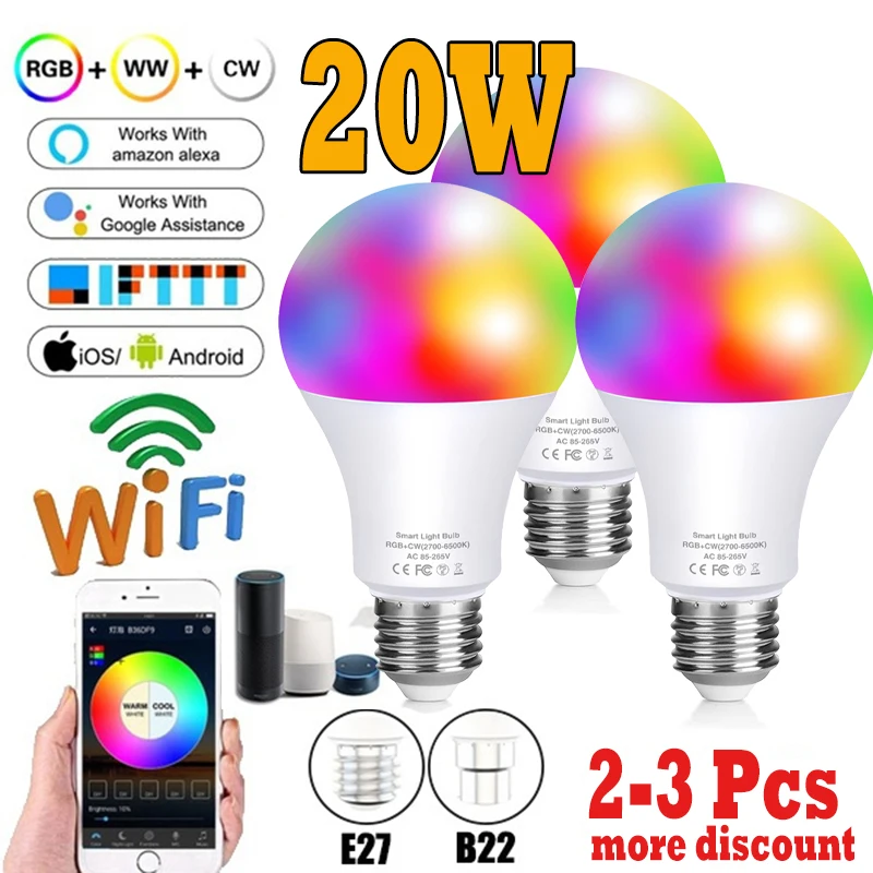 

20W Smart Light Bulb LED Lamp RGB Dimmable Color Changing Light Work with Alexa/Google Home Wifi Bluetooth APP or Remote Control