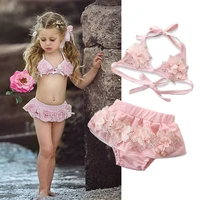 children girls bikinis pink flower pearl toddler bikini swimwear bathing lace embroidered swimsuit suspender halter skirt pant