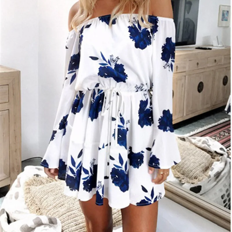 Женское пляжное платье бохо свободное мини с принтом открытыми плечами роговыми