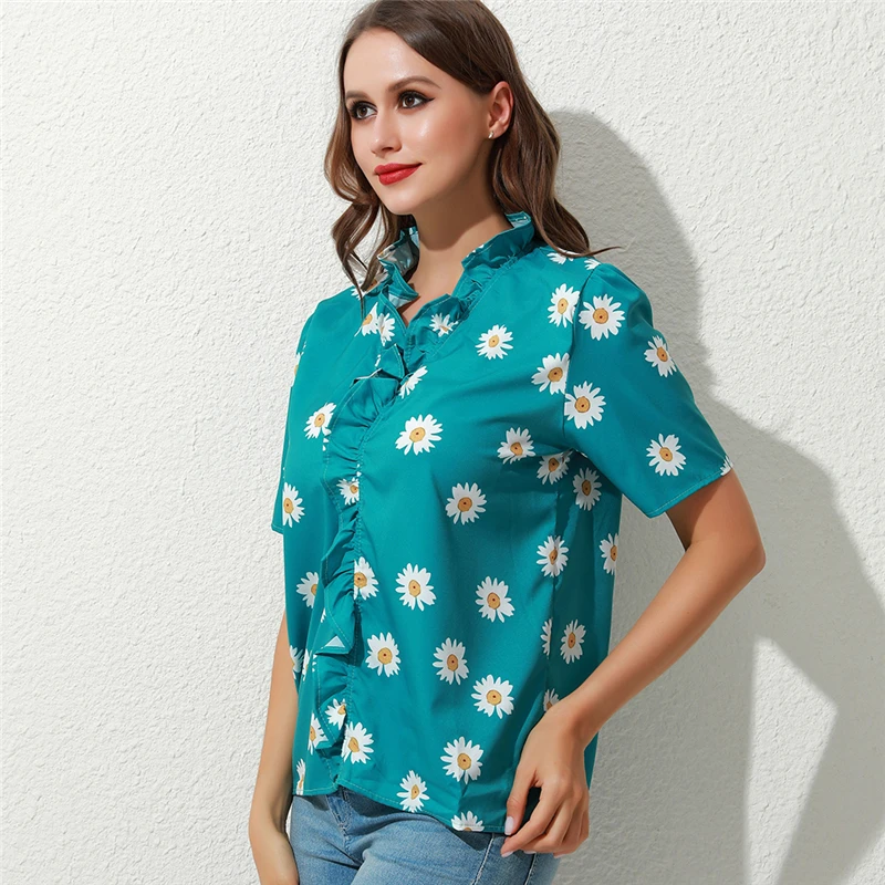 

New Women Shirt Fashion Printed Floral Shirt Heigh Quality Short Sleeve Shirt Elegant Ruffles Decor Blouse For Ladies
