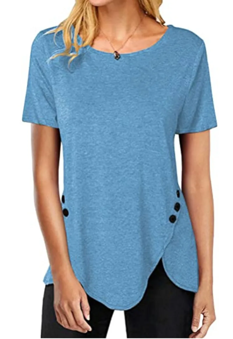 

2021 Summer Irregular Classic Button T-shirt Women Short Sleeve O-Neck Large Size Tee Female Fashion Casual Streetwear Long Top