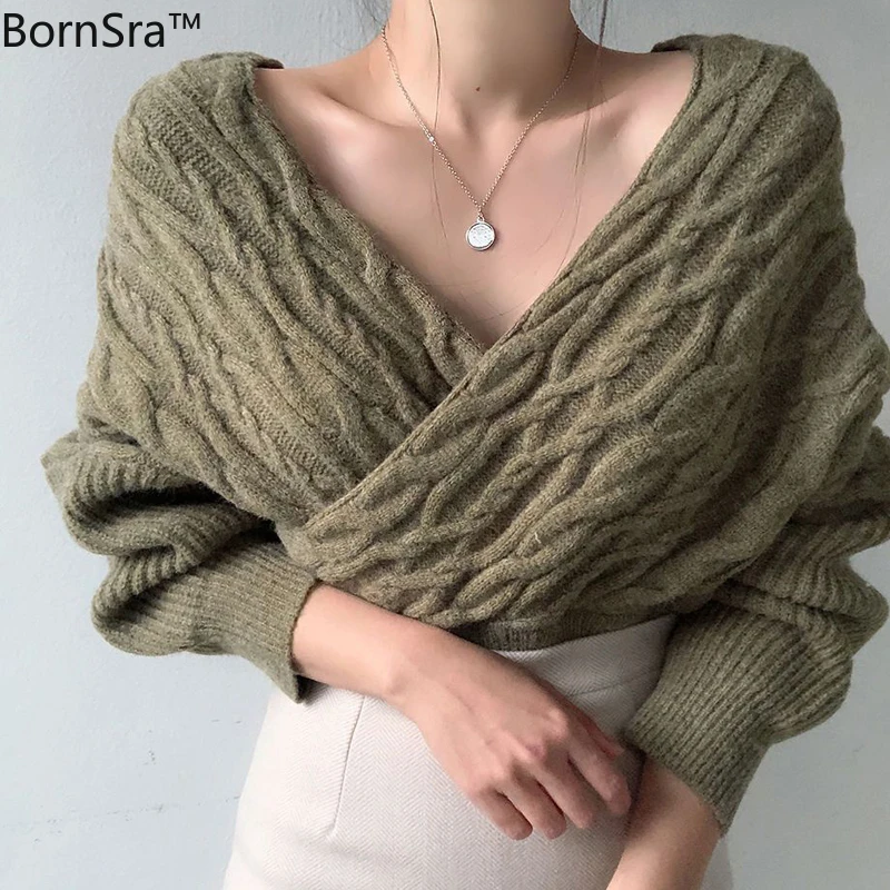 

Bornsra Elegant Knitwear Pullovers V-neck Cross 2020 Office Lady New Autumn Winter Knitted Casual Sweater Solid Loose Tops