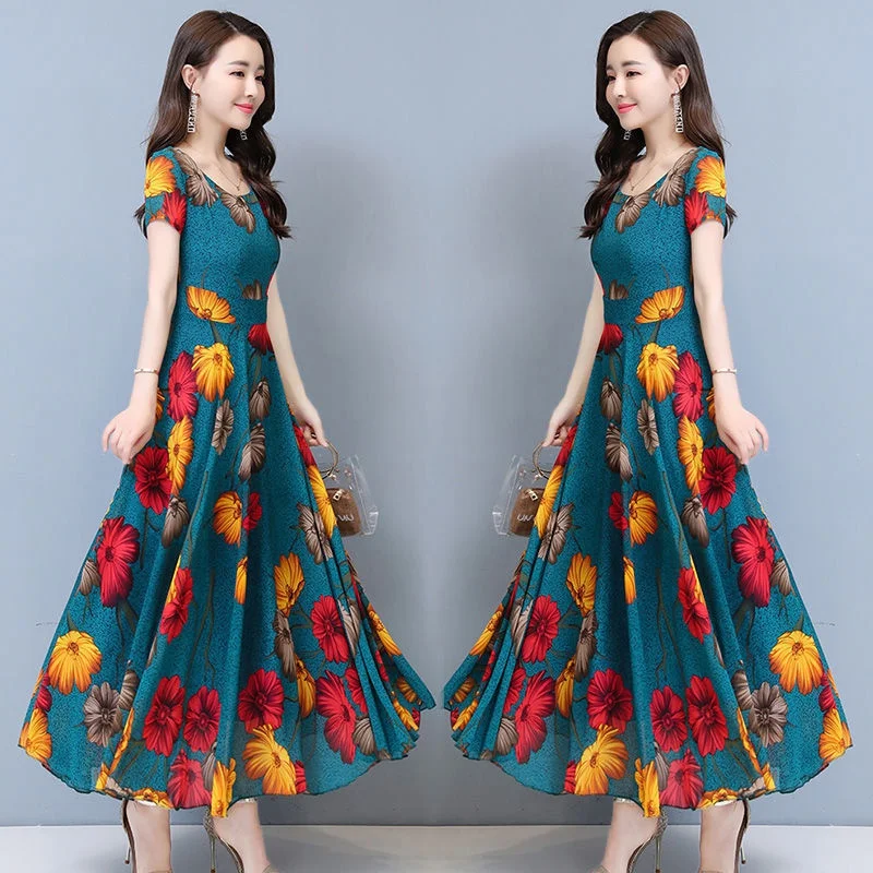 

Floral Print Short Sleeved O-neck Long Dress