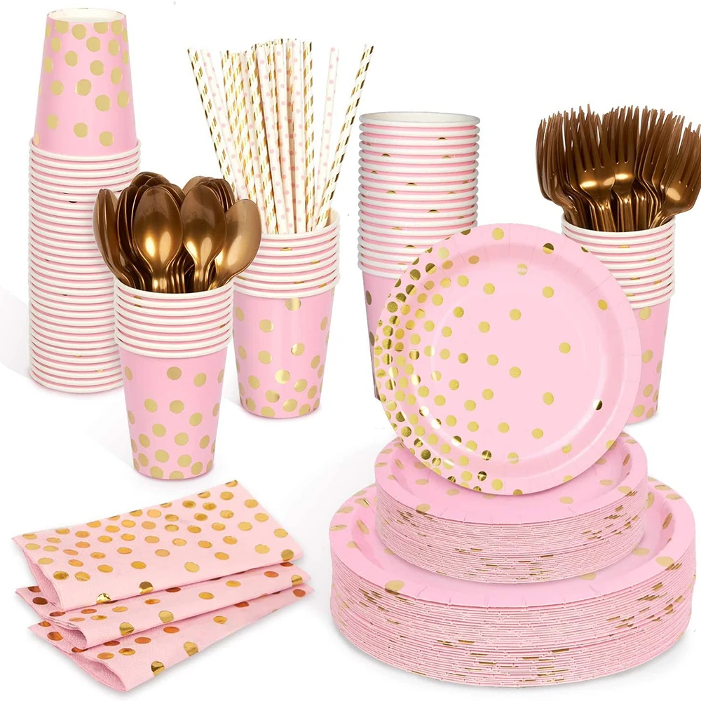 

1st Birthday Party Pink Gold Dot Wedding Party Disposable Tableware Paper Cup Plate Decor Kids Girl Baby Shower Party Supplies