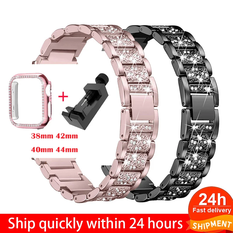 

Ремешок со стразами + чехол для Apple Watch 40 мм, 44 мм, 38 мм, 42 мм, iWatch series 6 SE, 5, 4, 3, браслет для apple watch, ремешок из нержавеющей стали для женщин