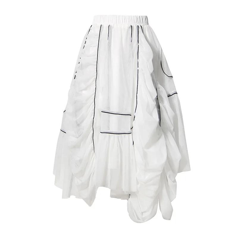 

SuperAen Women White Black Black White Mesh Pleated Long Skirt Femme High Waisted A Linne Irregular Skirt