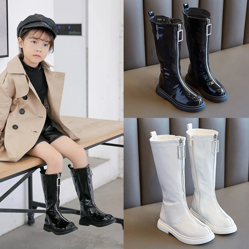 

Girl Boots Big Kids Shoes For Fashion Children's Autumn Winter Plush Warm High Leather Boots 2021 Patent Leather Knight Boots