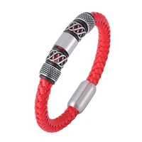 new fashion red woven leather bracelet men women stainless steel punk vintage braided bangle male female lucky wrist band ps1163