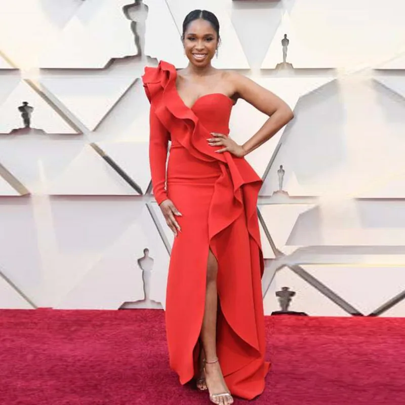 

Saudi Arabic Satin Mermaid Long Evening Party Dresses Red Ruched Full Sleeves Prom Gowns with Slit One Shoulder robe de soiree