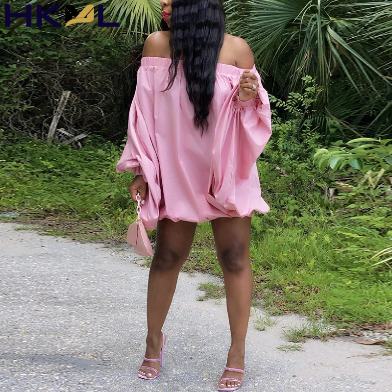 

Women Mini Dress Solid color shoulder Lantern Sleeve Off Shoulder Fashion Sexy Dress 2021