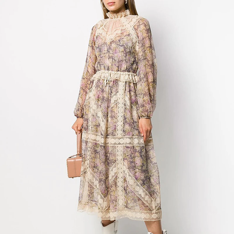 Женское кружевное платье с принтом элегантное в стиле пэчворк оборками на
