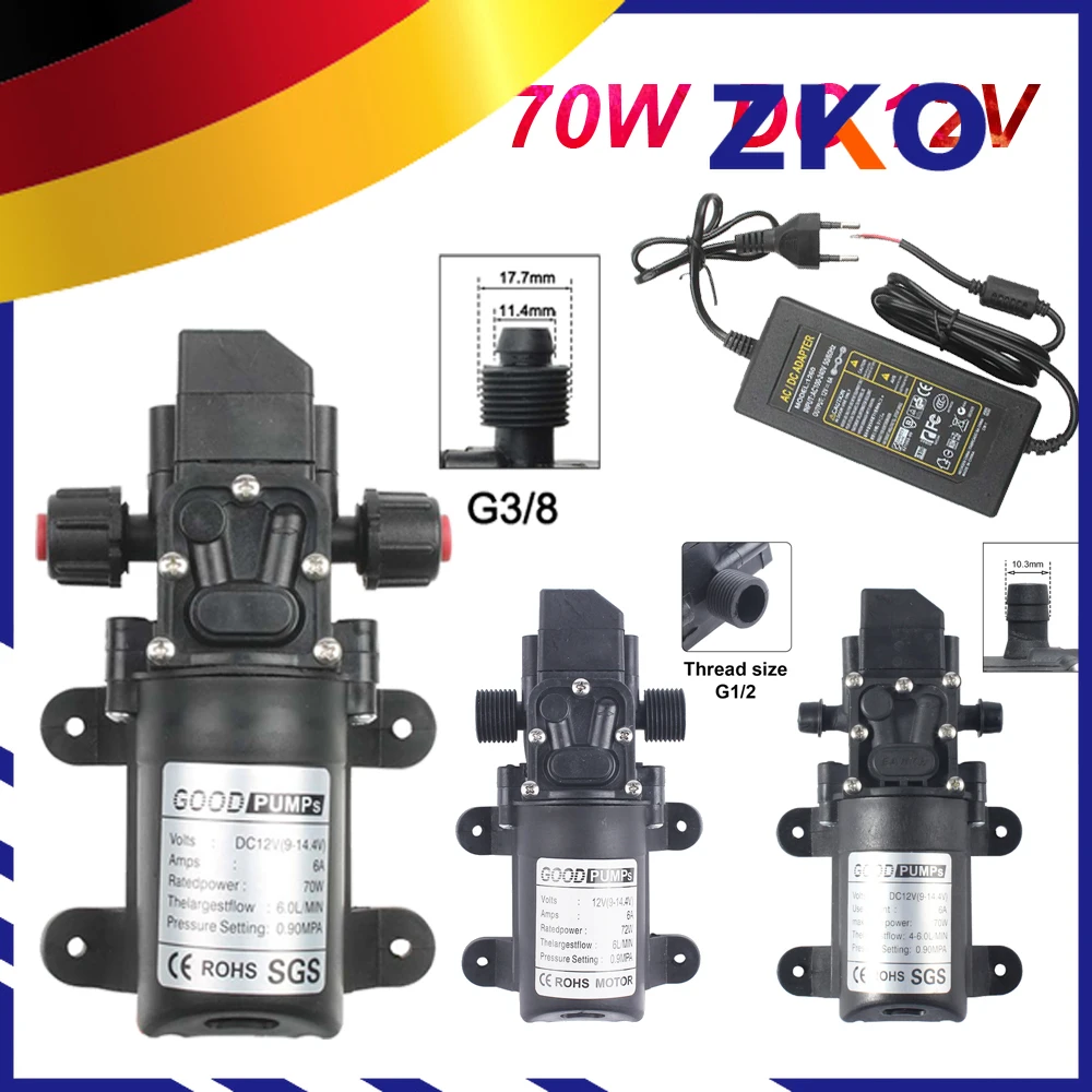 

DC 12V 130PSI 6L/Min Water High Pressure Diaphragm Self Priming Pump 70W 72W with EU power supply 6A pipe