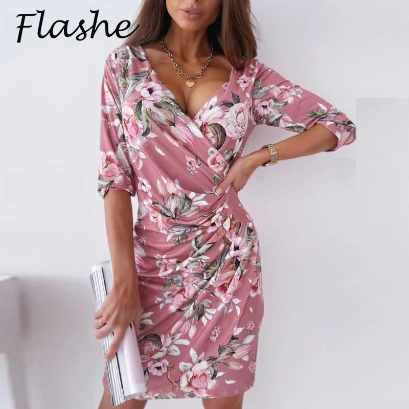 

Женское короткое платье с цветочным принтом, элегантное офисное платье с V-образным вырезом в стиле бохо, весна-лето 2021
