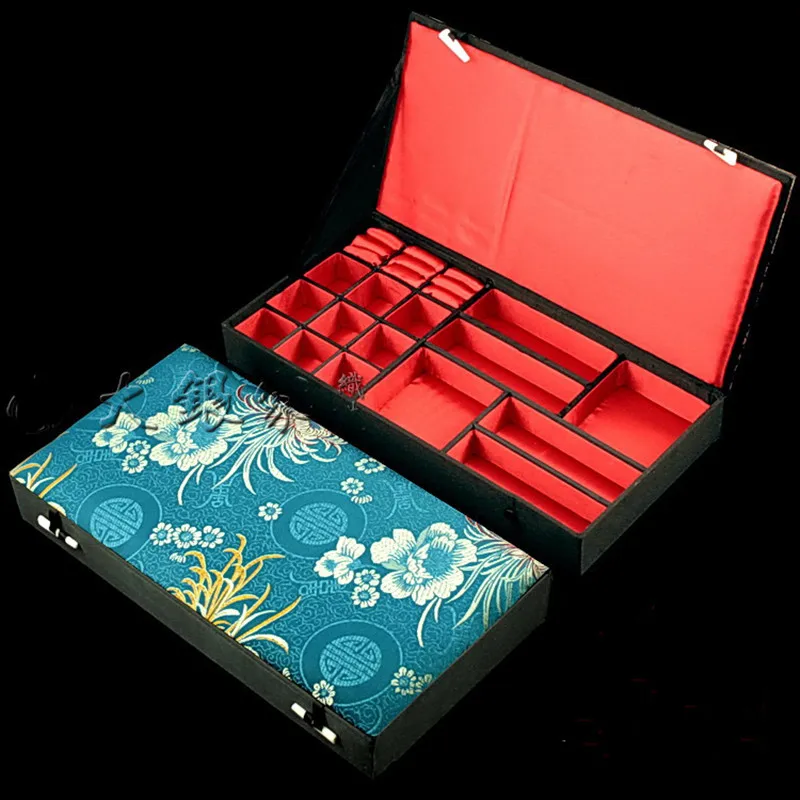 Chinese Silk Brocade Multi Grid Decorative Wooden Storage Boxes Jewelry Ring Earrings Bracelet Necklace Luxury Packaging Case