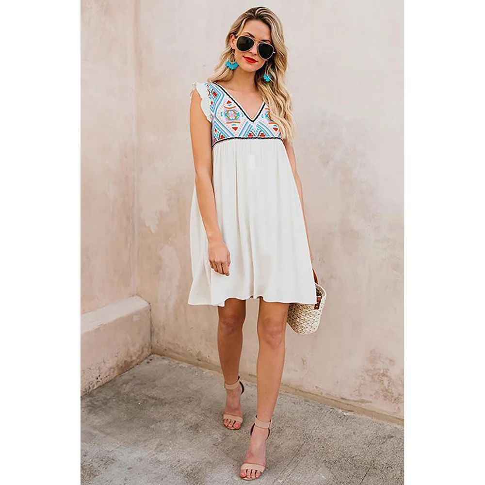 

Summer Women Dress Ethnic Style Floral Patch Sleeveless Chiffon Loose Bohemia Ladies Casual Mid Dresses