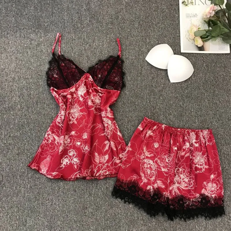 

Spring New Satin 4PCS Pajamas Suit Loose Lace Nightwear Sleep Set Casual Home Clothing Women Printed Flower Pyjamas Sleepwear