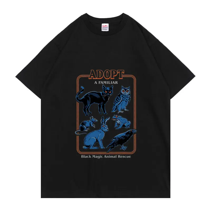 

Adopt A Familiar Tshirt Men Women Classic Fashion Round Neck T Shirts 70s Witchcraft Cat Horror Black Magic Animals T-shirt Tops