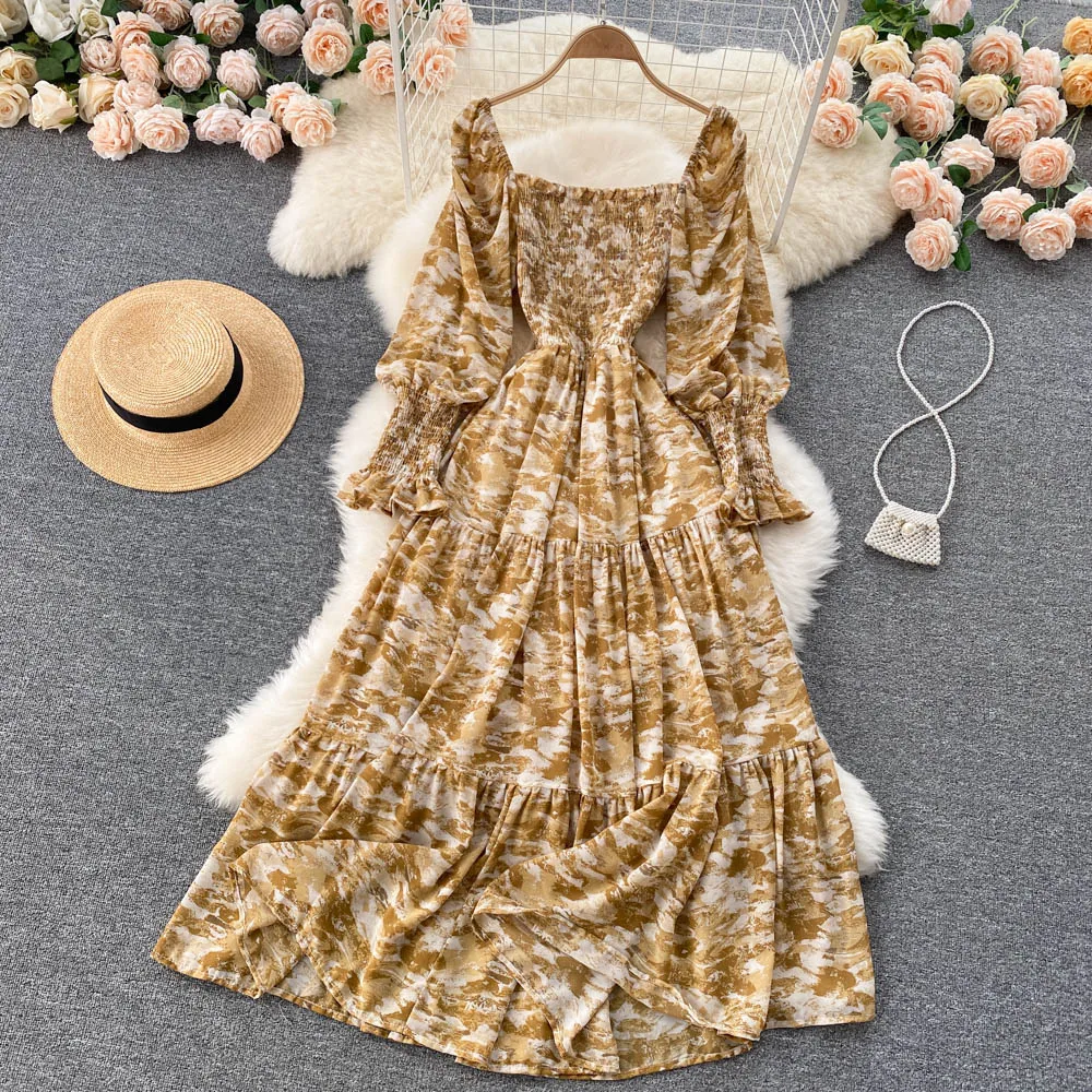 

Женское винтажное драпированное платье, длинное зеленое/желтое/коричневое платье с квадратным вырезом, длинным рукавом-фонариком и высоко...