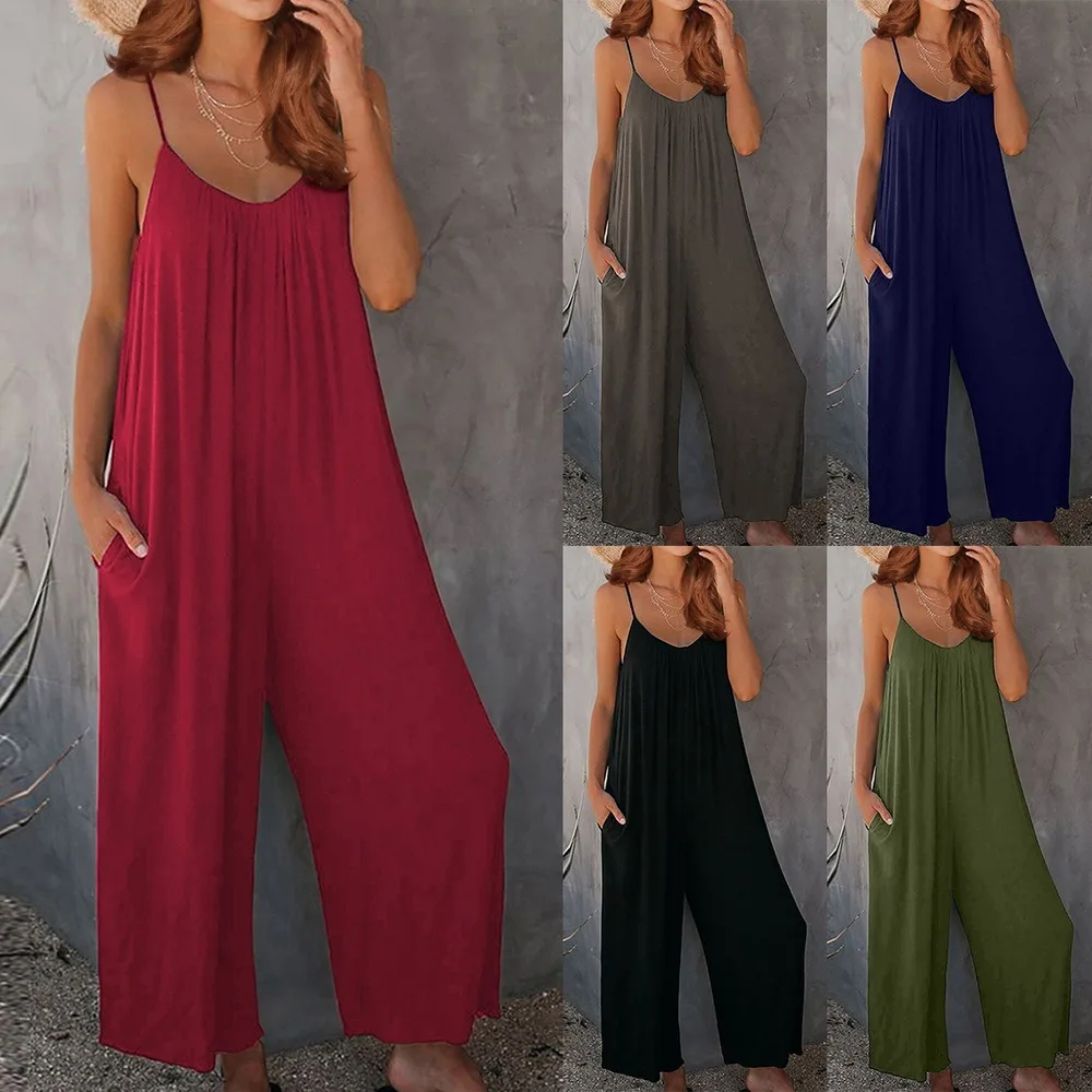 

Elegant Rompers 2021 Summer Sexy Sleeveless Jumpsuits Women's Straps Wide Leg Playsuits Casual Solid V-neck Overall 2XL