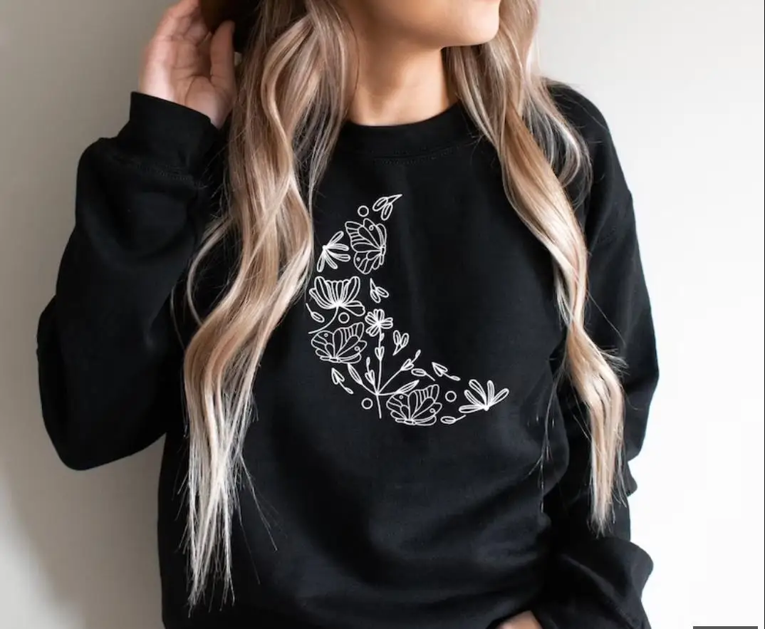 

Floral Crescent Moon Sweatshirt | Flower Sweatshirt , Floral Sweatshirt ,Yoga, boho Sweatshirt , wildflower Sweatshirt