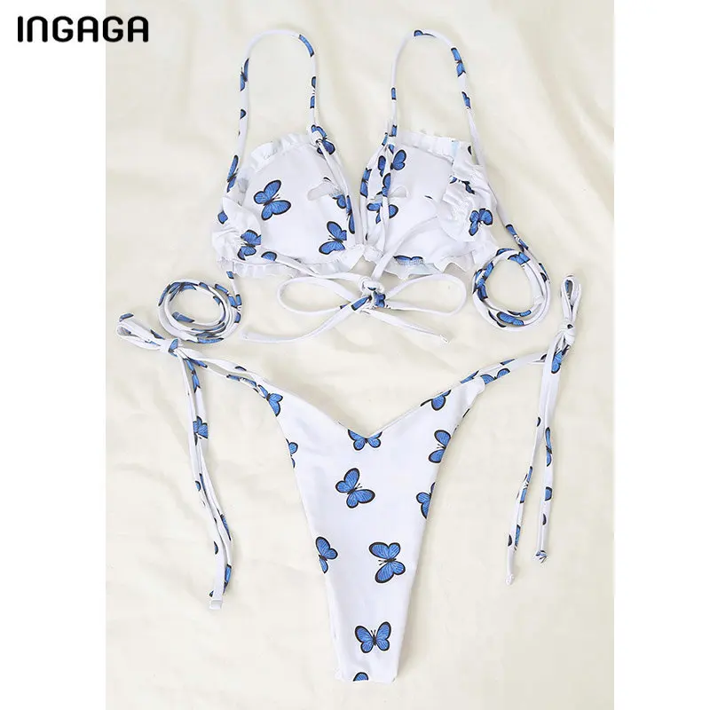 

INGAGA Push Up Bikinis Swimsuits Swimwear Women High Cut Biquini String Bow Bathing Suits 2021 Thong Beachwear Ruched Bikini Set