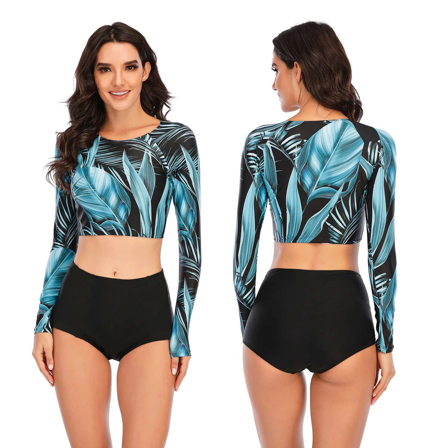 

Women Two Piece Long Sleeve Dropped Waist Swim Shirt Bathing Suit Rash Guard Top Tankinis Swimwear Set Leaves Printing Swimsuits