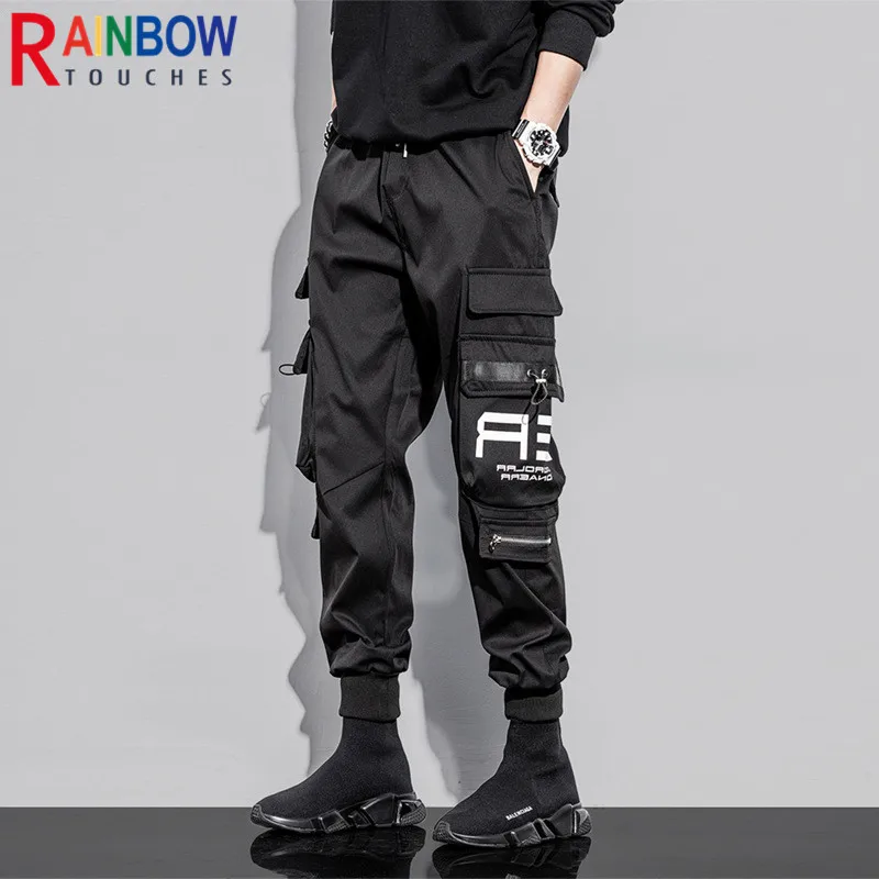 

Rainbowtouches New Loose Multiple Pockets Trousers Mens Hip-Pop Fashion Overalls Casual Cropped Cargo To Tie Feet Tooling Pants
