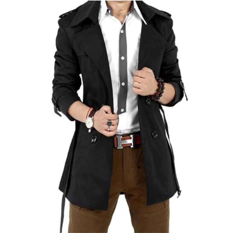 

Double breasted solid color long men's Lapel windbreaker thin lace spring and autumn coat straight hair