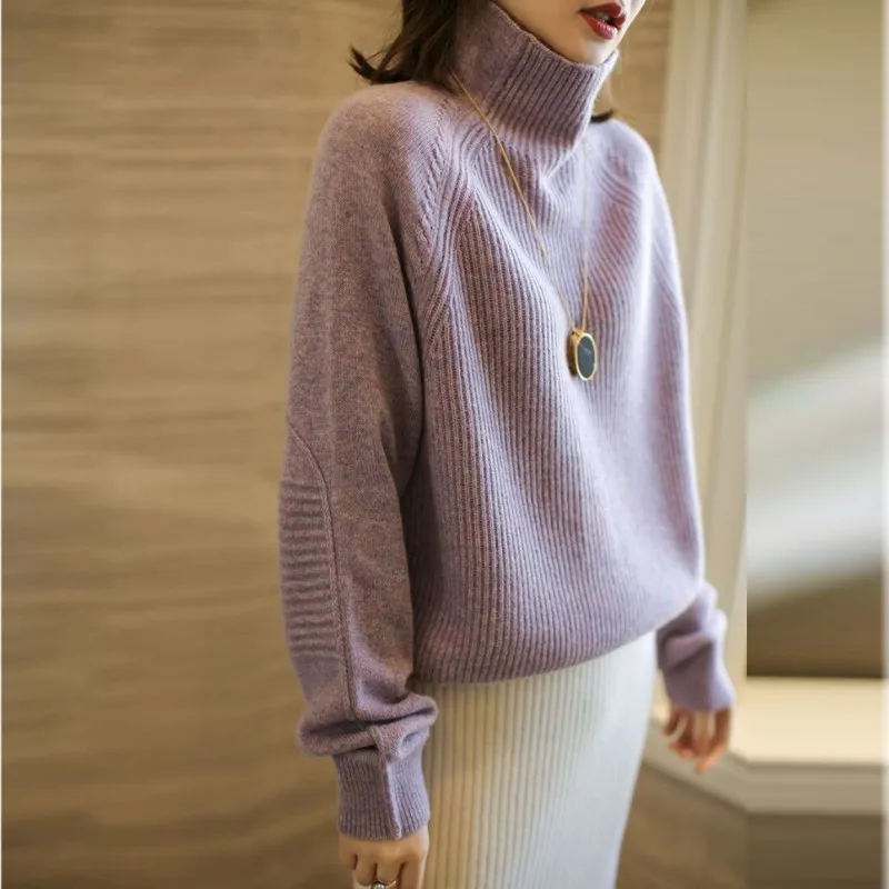 

Autumn And Winter New Cashmere Sweater Women's High Neck Thick Pullover 100% Wool Loose Sweater Large Size Knitted Sweater