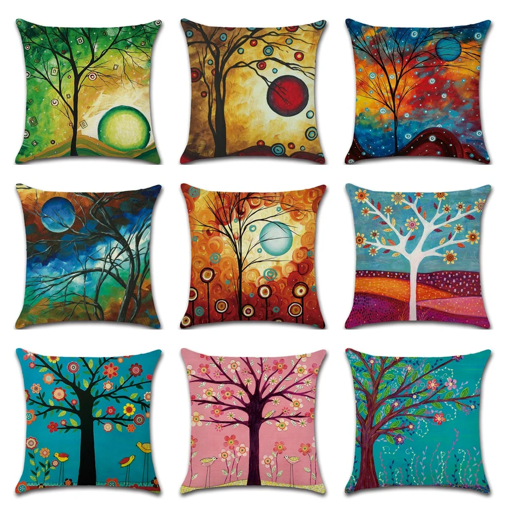 

Gouache Flowers Tree Pillow Case Colorful Natural Scenery Cushion Cover Home Decorative Moon Bird Linen Sofa Car Pillowcase