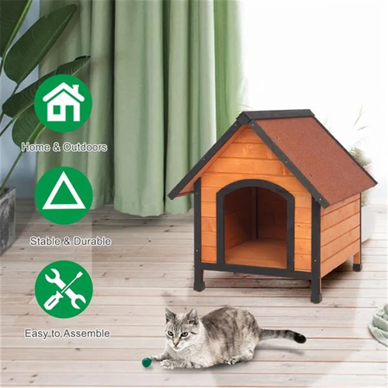 

Dog House Pet Outdoor Bed Wood Shelter Home Waterproof Kennel Adjustable Feet Removable Floor Bright Orange Red[US-Stock]